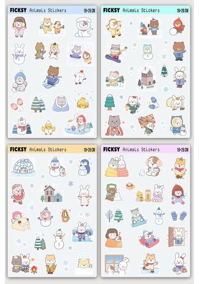 Kawaii Stili Sevimli Hayvanlar Kış Temalı Sticker Seti - 65 Adet Etiket Çıkartma Diğer