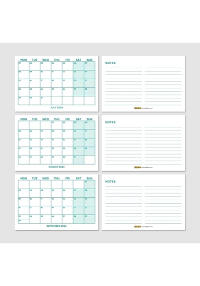 Yeşil Renkli Aylık Planlama 2027 Takvim, 2027 Masa Takvimi, Green Color Monthly Planner Calendar
