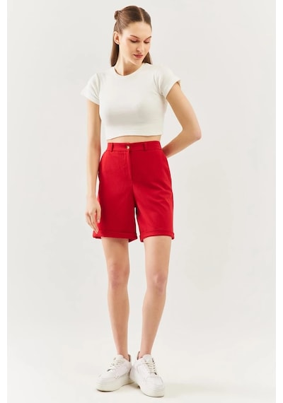 Butikgiz Kadın Kısa Kol Bisiklet Yaka Vücuda Oturan %100 Pamuklu Kaşkorse Esnek Crop Bluz Beyaz