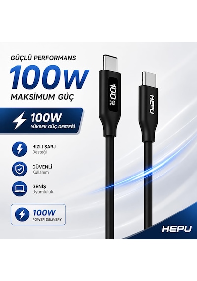 Hepu Hp-120 Type-c To Type-c Kablo 100w Süper Hızlı Şarj + Led Göstergeli 1.2 Metre 0.1 M