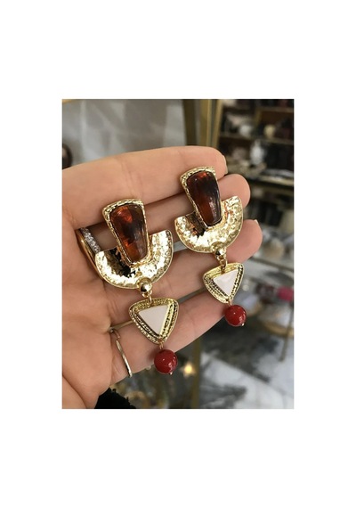 Vintage Gold Ezme Model Kahverengi Detaylı Küpe Çok Renkli