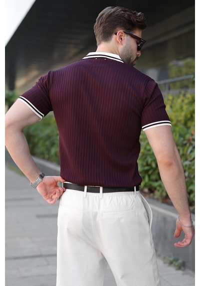 Madmext Mürdüm Yarım Fermuarlı Polo Yaka Triko Erkek Tişört E7501