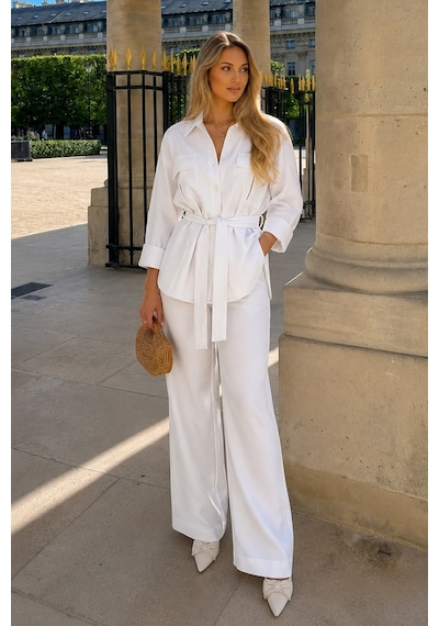 Seeh Beyaz Uzun Kollu Oversize Kadın Takım Sh338 Standart
