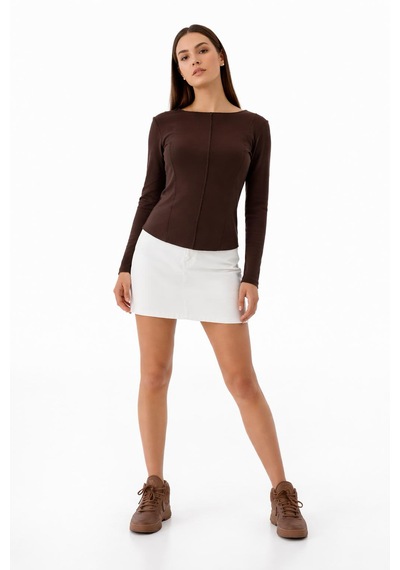 Divinus Kadın Slim Fit Pamuklu Uzun Kollu Bodysuit Kahverengi