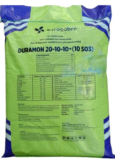 Duramon 20-10-10 +10 So3 Npk İnhibitörlü Yeşil - Akıllı Gübre 25 Kg 25 KG