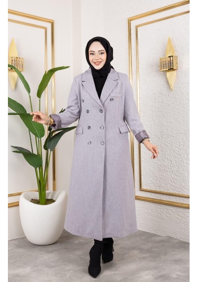 Hb Harma Time Butik Kadın Astarlı Düğmeli Cepli Uzun Gri Kaşe Kaban Açık Gri