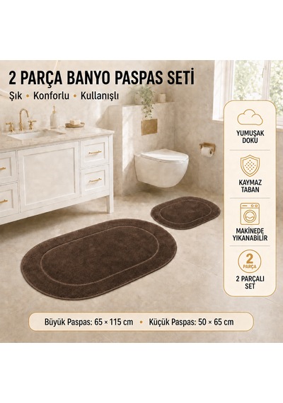 Rixos 2'li Banyo Halısı Paspası Seti Kaymaz Tabanlı Klozet Takımı Kahve