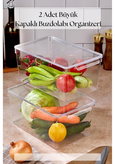 2 Li Kapaklı Buzdolabı Organizeri & Buzdolabı Düzenleyici 6 Lt Şeffaf