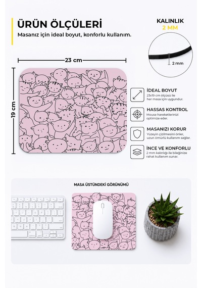 Sevimli Kediler Pembe Mouse Pad - 23 Cm X 19 Cm - Kaydırmaz Taban Ev Ve Ofis Kullanımı Mousepad