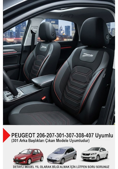 Titanyum Serisi Lüks Keten Oto Koltuk Kılıfı- Peugeot 206-207-208-306-307-407- Uyumlu Kırmızı