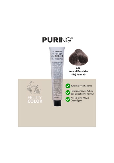 Purıng Fruity Color Meyve Asitli Profesyonel Krem Saç Boyası 100ml - 7.32 Kumral Dore İrize Bej Kumral