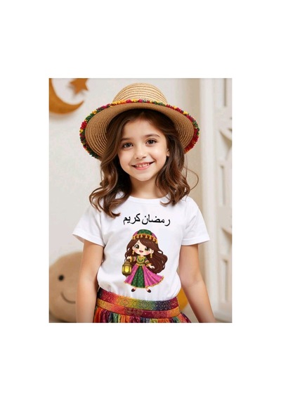 Stil-x Ramazan Bayramı Baskılı Kız Çocuk Tshirt, %100 Pamuklu Kumaş Beyaz