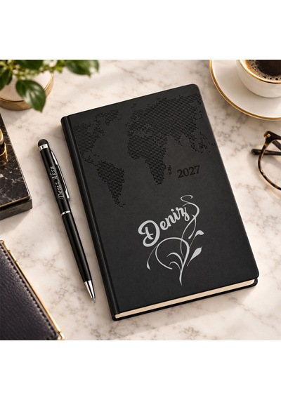 Bk Gift Kişiye Özel 378 Termo Deri Tarihli Ajanda & Siyah Touch Pen Tükenmez Kalem-5