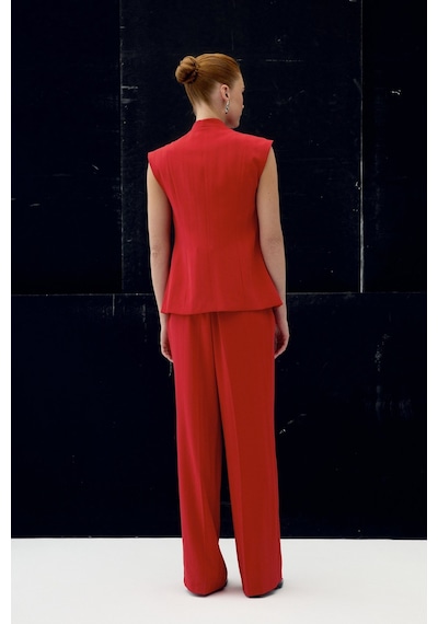 Sateen Anna Çizgili Pantolon - Kırmızı-137093 Kırmızı
