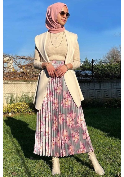 Rabia Şamlı Gri Çiçekli Plise Etek Normal
