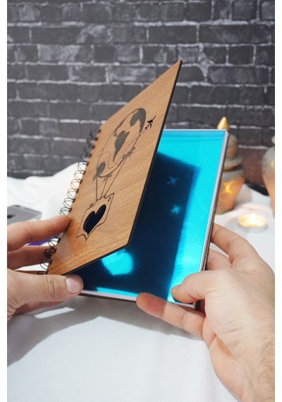 Balon Desenli Ahşap Kapaklı Defter - Ajanda - A5 Çizgisiz Defter Ahşap Rengi Ceviz Mavi