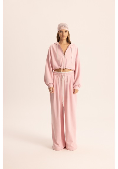 Mai Studios Co. Olin Bel Detay Pembe Kapüşonlu Crop Eşofman Takım Pembe