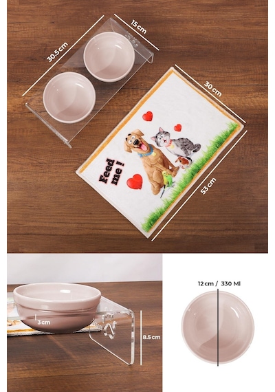Kedi ve Köpek Dekoratif Seramik Pleksi Mama & Su Kabı 300 ML + Kedi Paspası