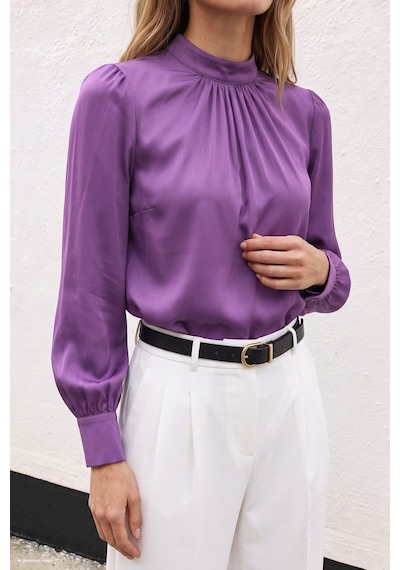 Sateen Yaka Detaylı Saten Bluz - Mor-137803