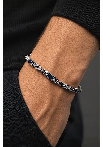Rodyum Gümüş Kaplama B-101 Kromix Çelik Erkek Bilelik 3+1 Gravürlü Otantik Safir Rengi Zirkon Taşlı Harfli 5 Mm Kalınlık Gümüş
