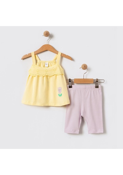 Kıpırık Baby Kız Bebek Çocuk Sarı Dantel Asesuarlı Tişört Taytlı Takım-1155 Sari