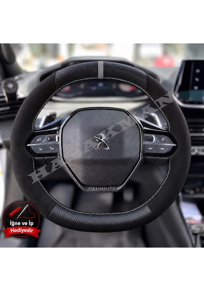 Peugeot 2008 Dikme Direksiyon Kılıfı Alcantara Süet Mat Karbon Gri Yüzük Ve Dikiş 2019-2024 Siyah