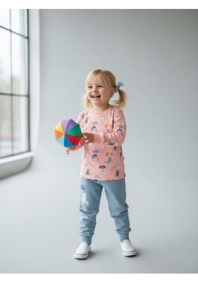 Kız Çocuk Pamuklu Uzun Kollu Kedili Pijama Takımı-10860 SOMON