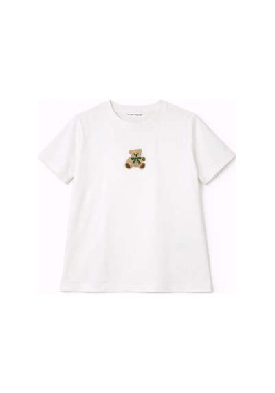 Mixray 2060 Kadın %100 Pamuk Ayıcık Nakışlı Bisiklet Yaka T-shirt Beyaz BEYAZ