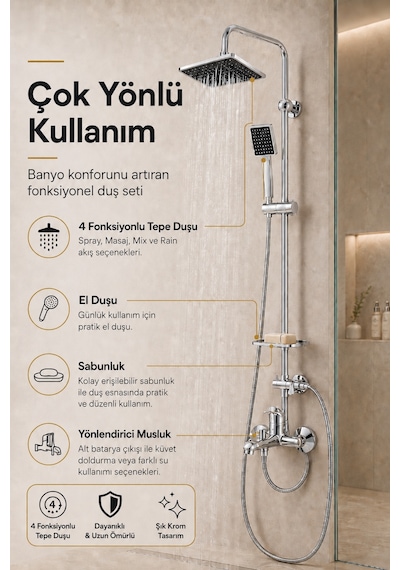 Krom Banyo Bataryası Sıcak Soğuk Mix Kare Tepe Yağmurlama Musluk Ve Fonksiyonlu Robot Duş Seti