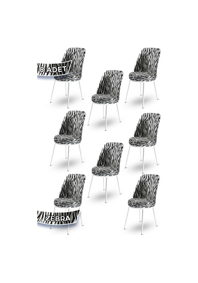 Canisa Concept Dexa Serisi, Üst Kalite Yemek Odası Sandalyesi, Metal Beyaz Iskeletli, 8 Adet Zebra Desen Metal, Zebra Desen