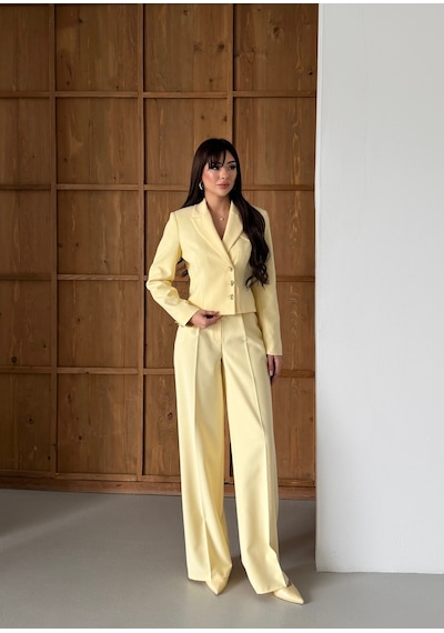 Lovelf Gold Düğmeli Kısa Ceketli Bol Paça Takım Limon