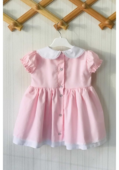 Dantel Detaylı Bebe Yaka Açık Pembe Kız Çocuk Bebek Tasarım Elbise 001