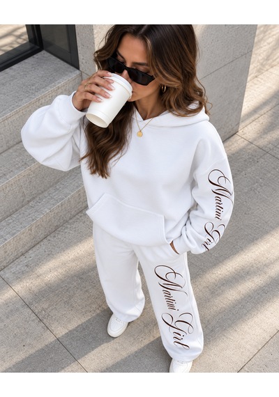 Macklin Unisex Kadın Erkek Martini Girl Kol Paça Baskılı Oversize 3 İplik Kapüşonlu Sweatshirt Ve Baggy Eşofman Altı Beyaz