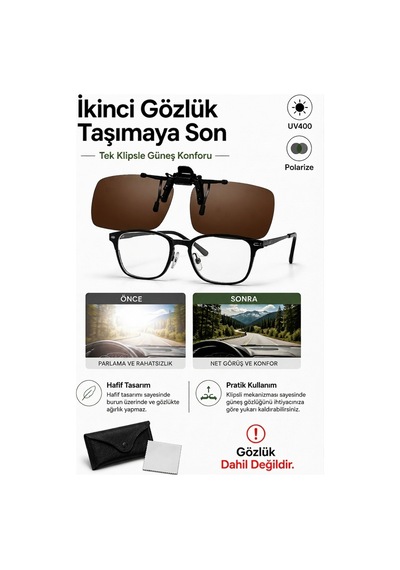 Polarize Güneş Gözlüğü Klipsi Uv400 Korumalı Gözlük Üstü Klips Hafif Mekanizmalı - Kahverengi Çerçevesiz