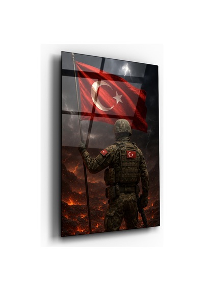 Türk Bayrağı Ve Asker Figürlü Cam Tablo Milliyetçi Ve Vatan Temalı Dekoratif Cam Duvar Tablosu