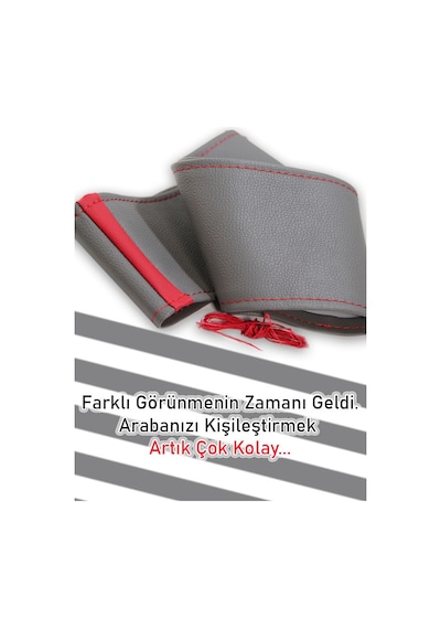Audi A3 Gri Özel Süper Deri Kırmızı Yüzüklü Dikişli Direksiyon Kılıfı Renkli