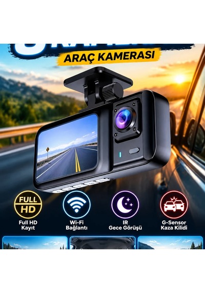 3 Kameralı Full Hd Araç Kamerası Wi-fi, Ir Gece Görüş, G-sensor Ve 2.7 İnç Lcd