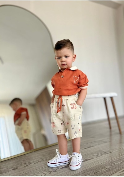 Miniğimin Cicileri Müslim Lacost Yaka Şortlu Etnik Desen Erkek 2 Li Takım - Oranj Oranj-32393