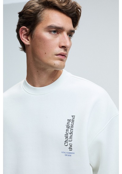 Grimelange ALDEN Erkek Yuvarlak Yaka Göğsü Ve Sırtı Baskılı Relaxed Fit Beyaz Sweatshirt