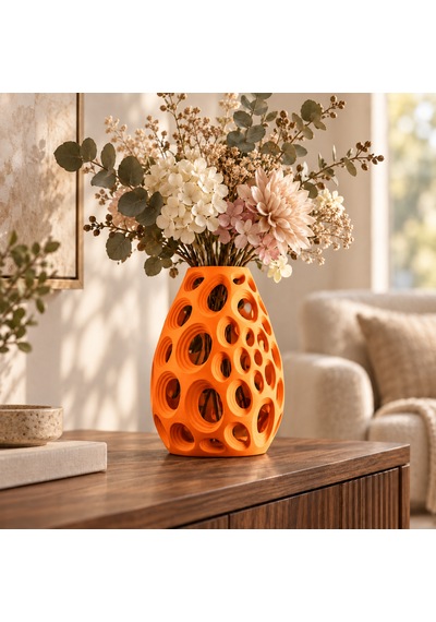 Dekoratif Vazo 20 Cm Oval Delikli Modern Tasarım Kuru Ve Yapay Çiçek Vazosu Turuncu