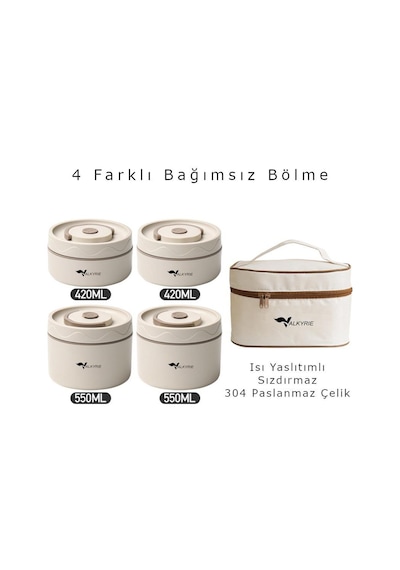 Valkyrie 4 Gözlü Paslanmaz Çelik Isı Yalıtımlı Yemek Kabı Seti Çantalı 304 Steel 2x 420ml + 2x 550ml Krem
