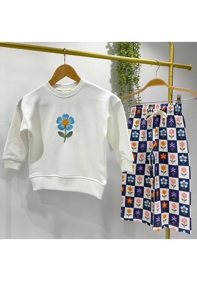 Cg Kids Çiçek Nakışlı Sweatshirt Ve Desenli Eşofman Kız Çocuk Alt Üst Takım Beyaz
