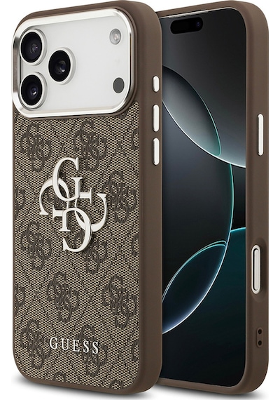Apple Uyumlu iPhone 17 Pro Max Kılıf Guess Lisanslı Gümüş Kamera Çerçeveli 4g Desen Büyük 4g Ve Yazı Logolu Kahve Kahverengi