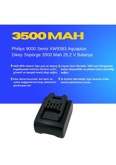 Philips 9000 Serisi Xw9383 Aquaplus Dikey Süpürge 3500 Mah 25.2 V Batarya  Uyumlu Uzun Ömürlü, Maksimum Performans Pil
