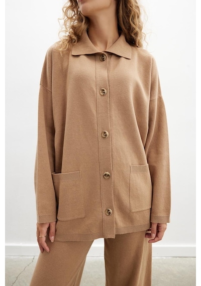 Peraluna Denise Cardigan Polo Yaka Geniş Kesim Pamuk - Yün Kadın Triko Hırka - Camel
