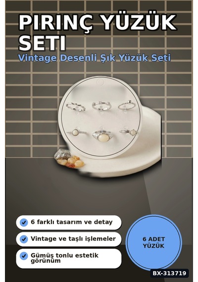 Pirinç 6 Parça Yüzük Seti - Vintage Gümüş Tonlu, 7-8 Numara, Kadın Bijuteri Aksesuar Bx-313719 Çok Renkli