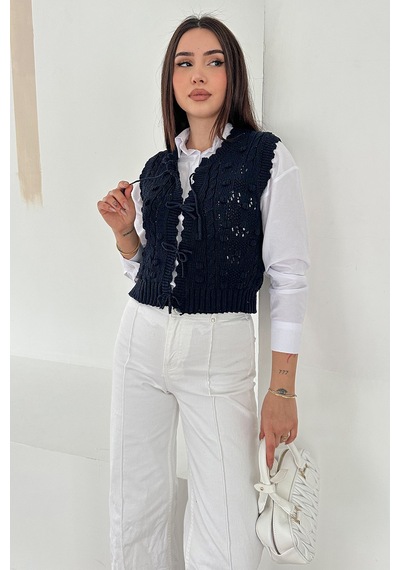 Noa & Noa Kadın Ponponlu Bağlamalı Triko Süveter Dokulu & Romantik Stil Lacivert