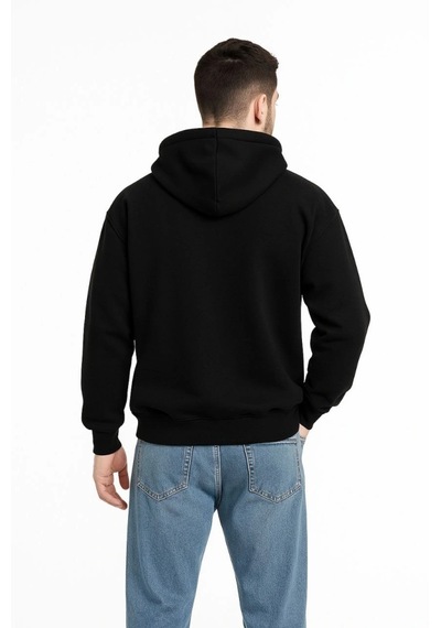 Modi Erkek Kapüşonlu Sweatshirt Hoodie 3 İplik Şardonlu Pamuklu Kumaş, Önü Baskılı, Fermuarlı Rahat Kalıp, Kışlık Ve Sokak Stili Sweat - Siyah