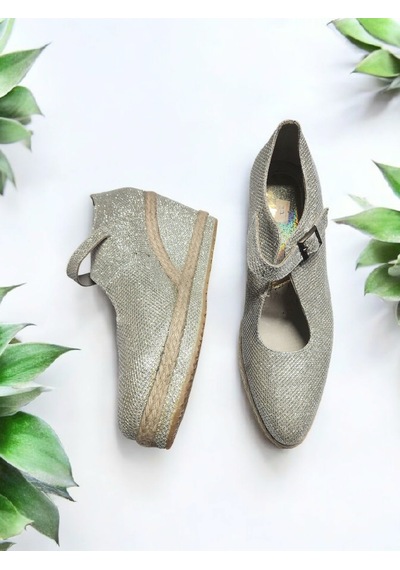Dolgu Topuk Hasır Tokalı Balerin Espadril Altın