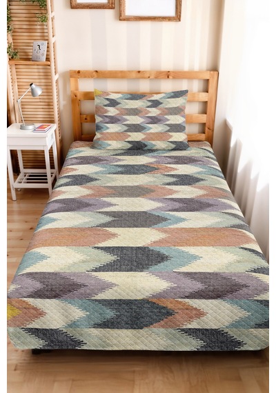 Geometrik Gri Genç Odası Tek Kişilik Pike Takımı - Modern Mavi Bej 160x220 Cm Kapitone Yatak Örtüsü Mahmur Vadi Sarmalı
